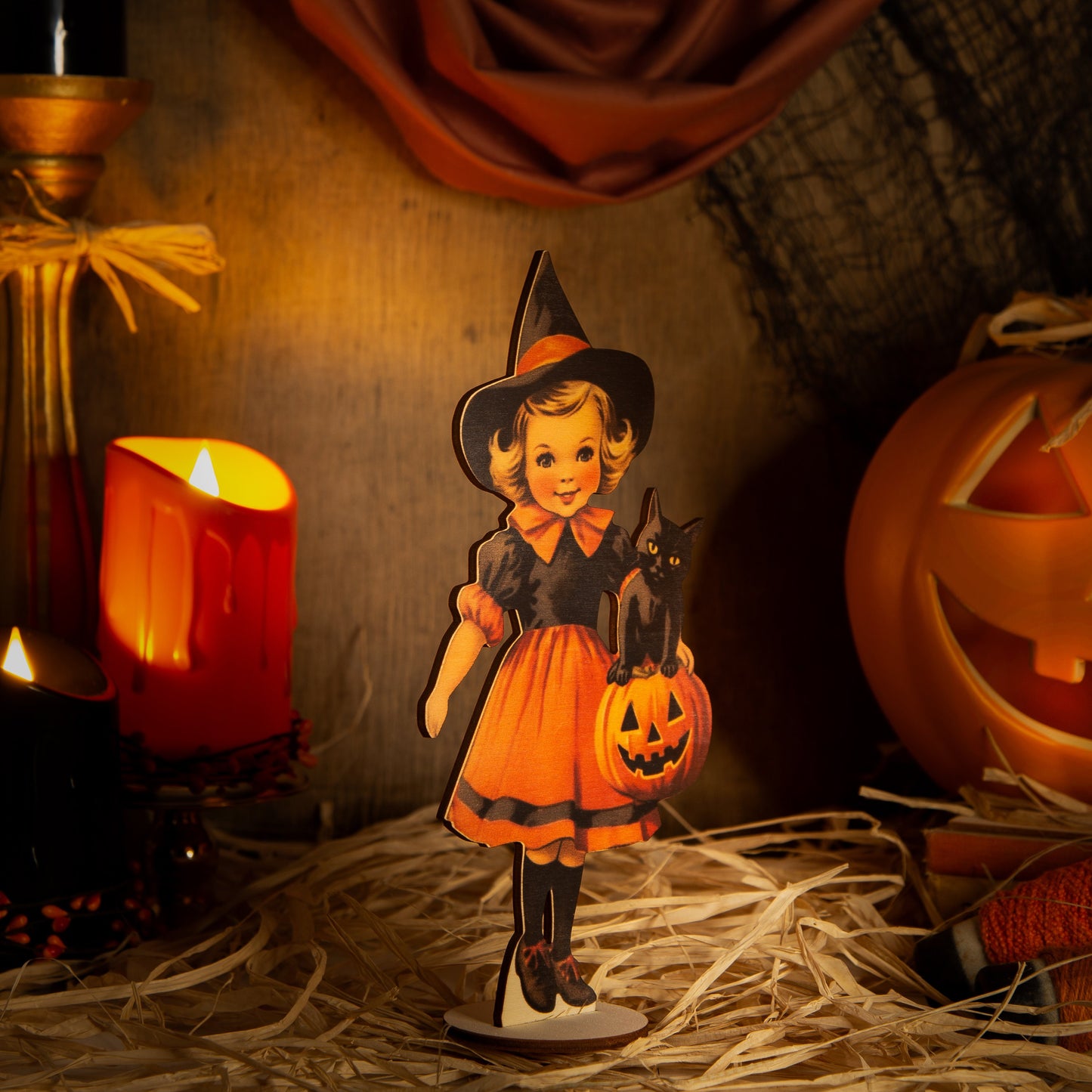 Halloween Decoration witch with Pumpkin wooden ornament, fall decor, halloween decor laser cut unique halloween