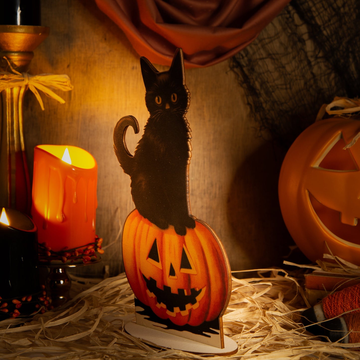 Halloween Vintage Decoration cat on Pumpkin wooden ornament, fall decor, halloween decor laser cut unique halloween decor