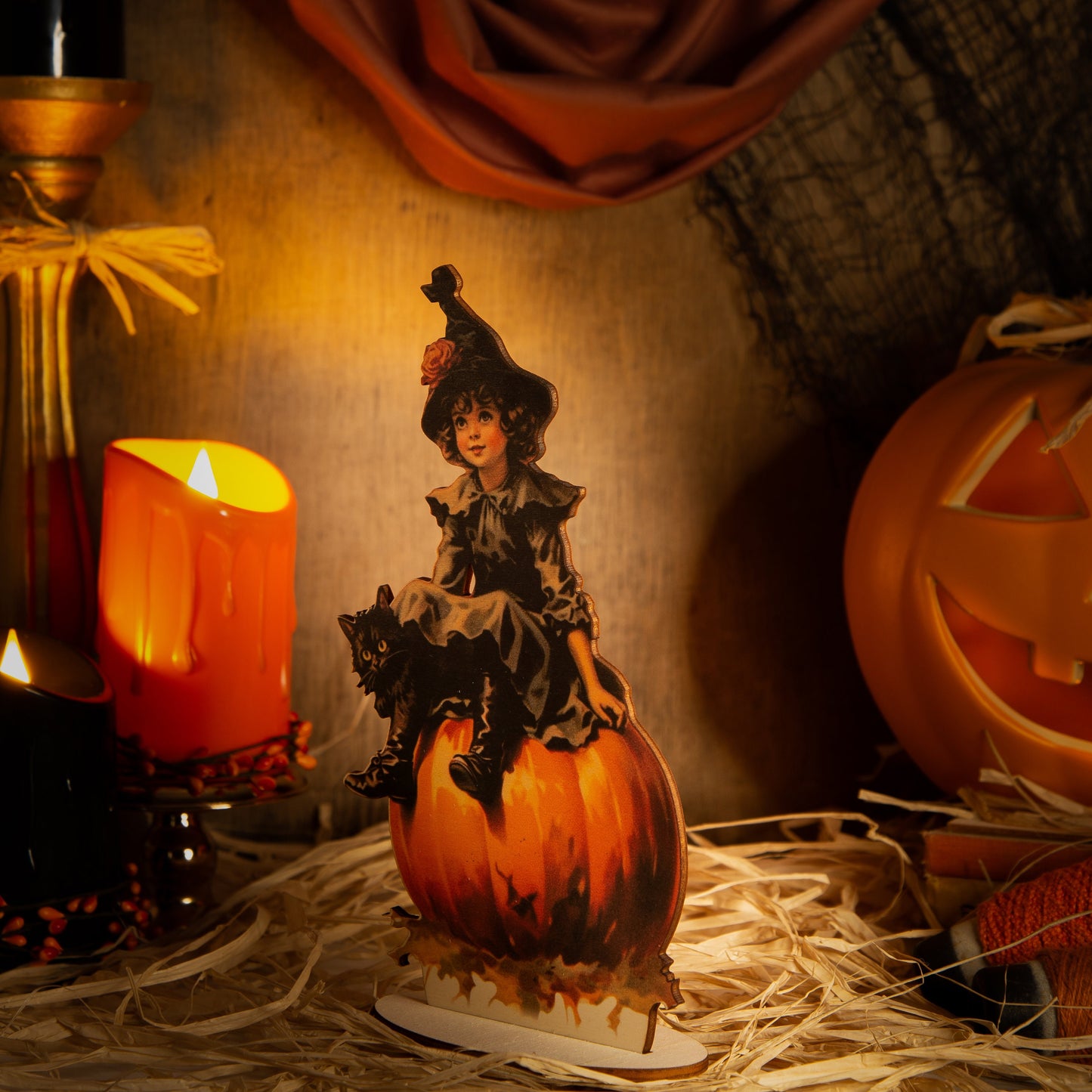 Halloween Vintage Decoration witch on Pumpkin wooden ornament, fall decor, halloween decor laser cut unique halloween decor