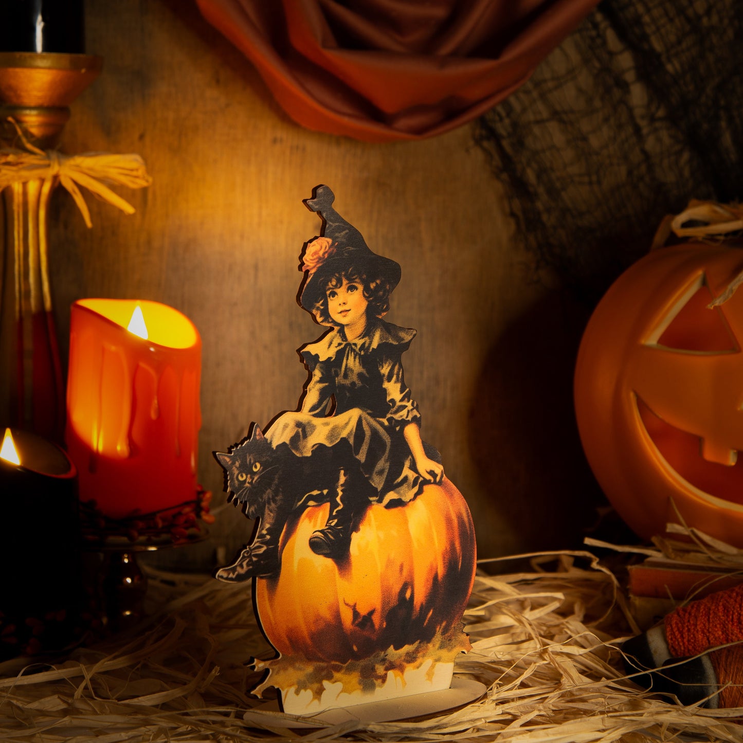Halloween Vintage Decoration witch on Pumpkin wooden ornament, fall decor, halloween decor laser cut unique halloween decor