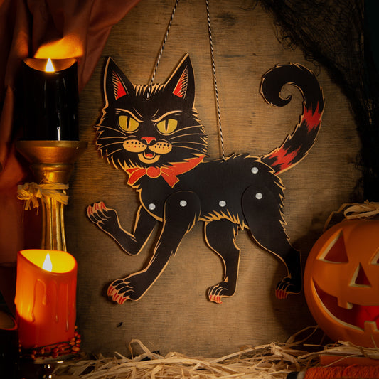 Vintage style jointed cat halloween decoration wooden hanging ornament, fall decor, halloween decor laser cut