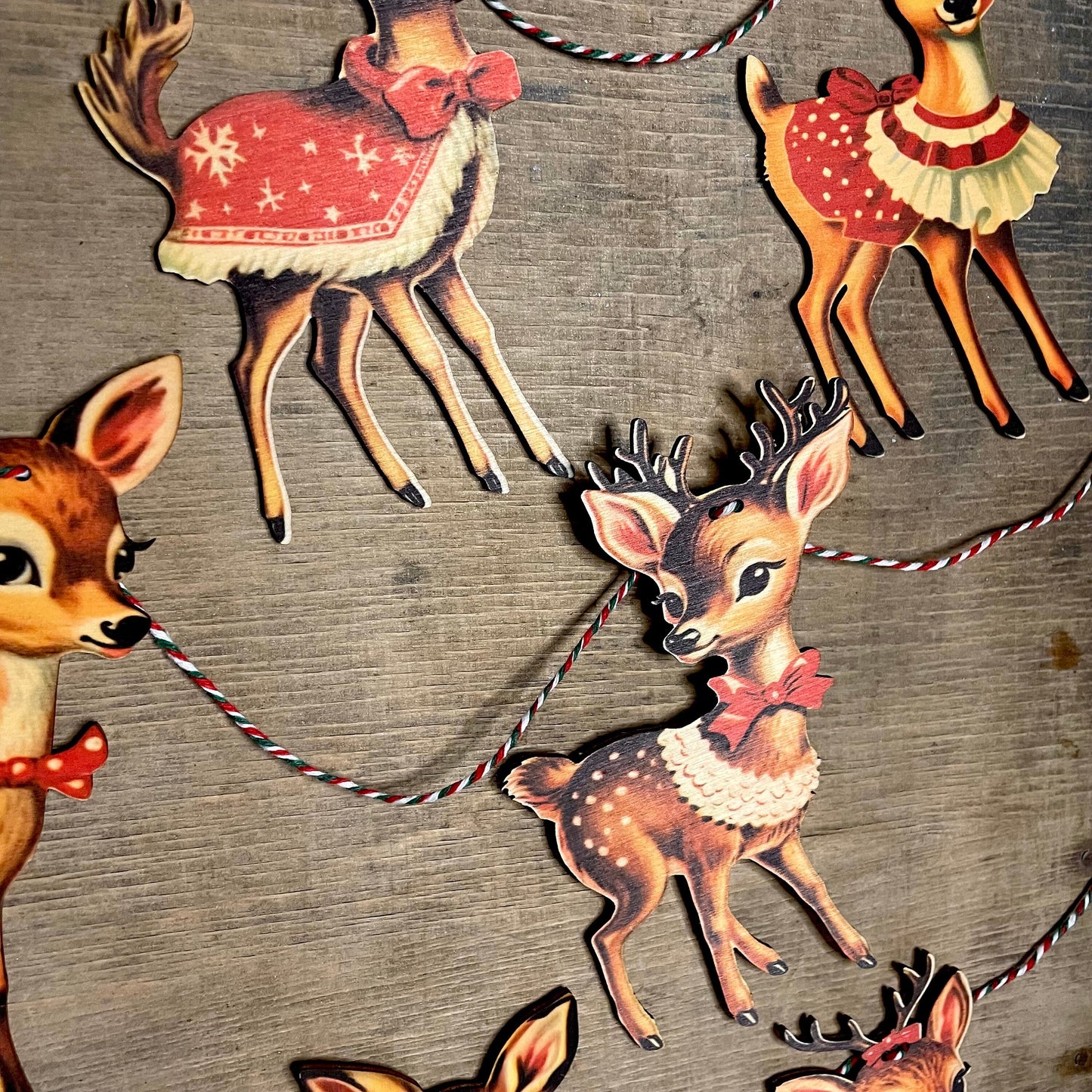 Christmas Vintage deer bunting wooden Garland Decoration deer, fawn, kitsch, reindeer, handmade wooden laser cut