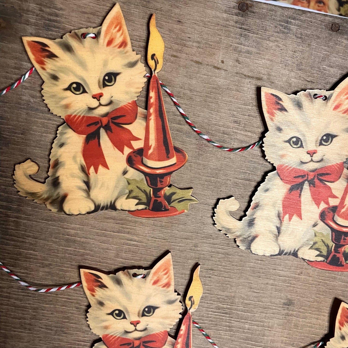 Christmas Cat Vintage bunting wooden Garland Decoration, retro santa, kitsch, reindeer, handmade wooden laser cut