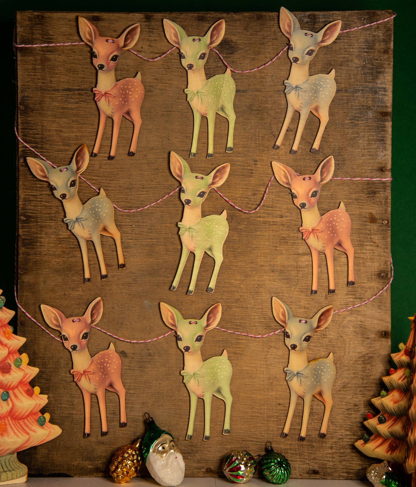 Christmas Vintage bunting wooden Garland Decoration Pastel deer, fawn, kitsch, reindeer, handmade wooden laser cut
