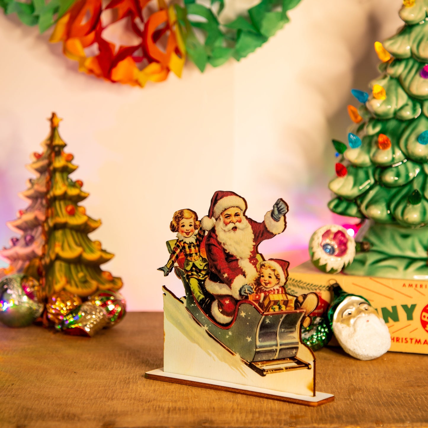 Retro Christmas Santa on a Sleigh Decoration wooden ornament, holiday decor, christmas decor laser cut unique Christmas