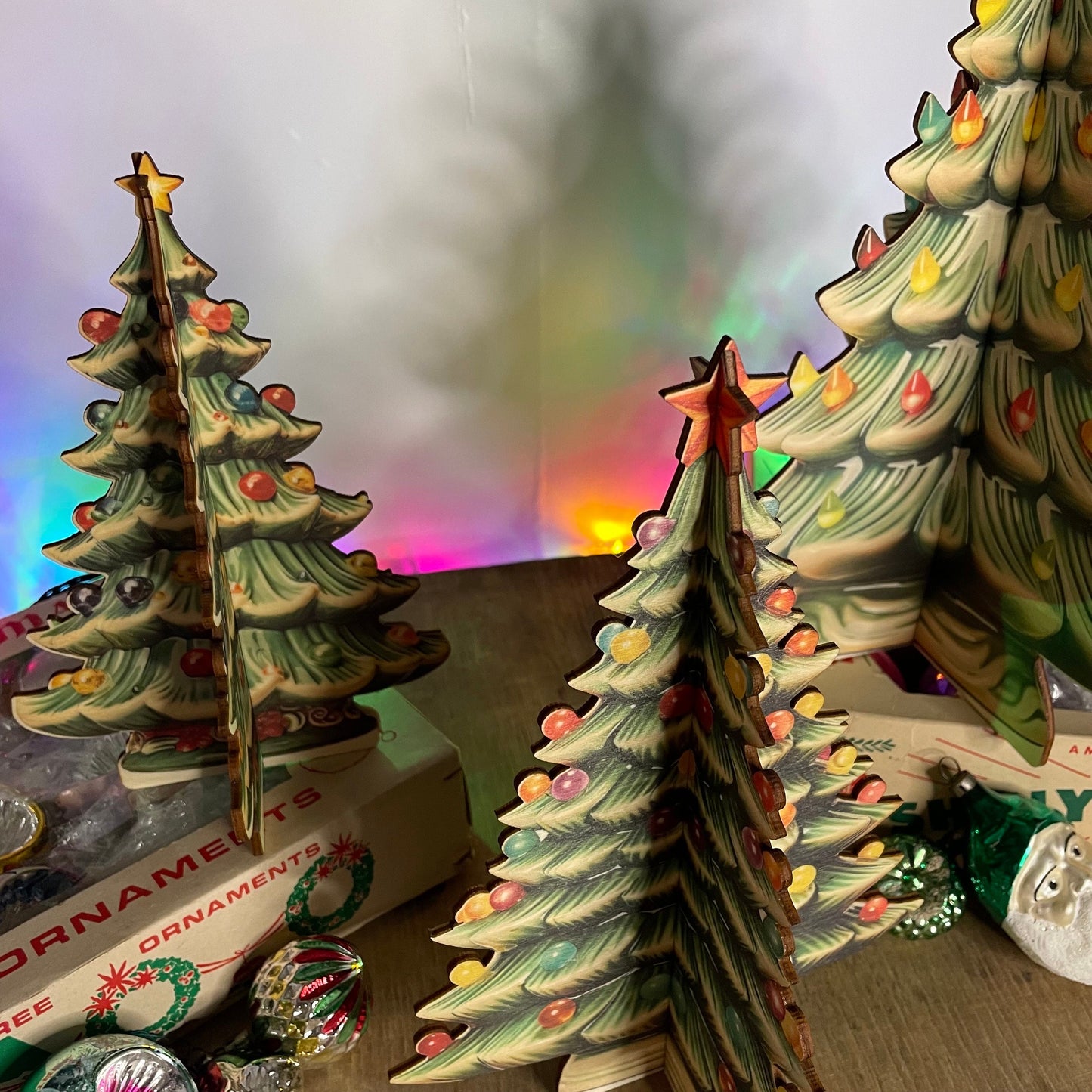 Set of 3, Retro Ceramic Christmas Tree 3D Wooden Decoration, wooden ornament, holiday decor, 1950's Christmas decoration