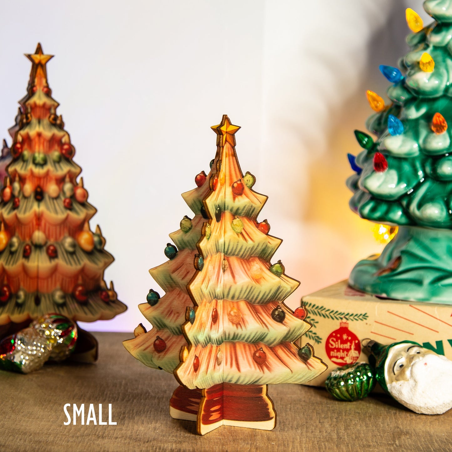 Retro Ceramic Christmas Tree 3D Wooden Decoration size and style options wooden ornament, holiday decor, 1950's Christmas decoration
