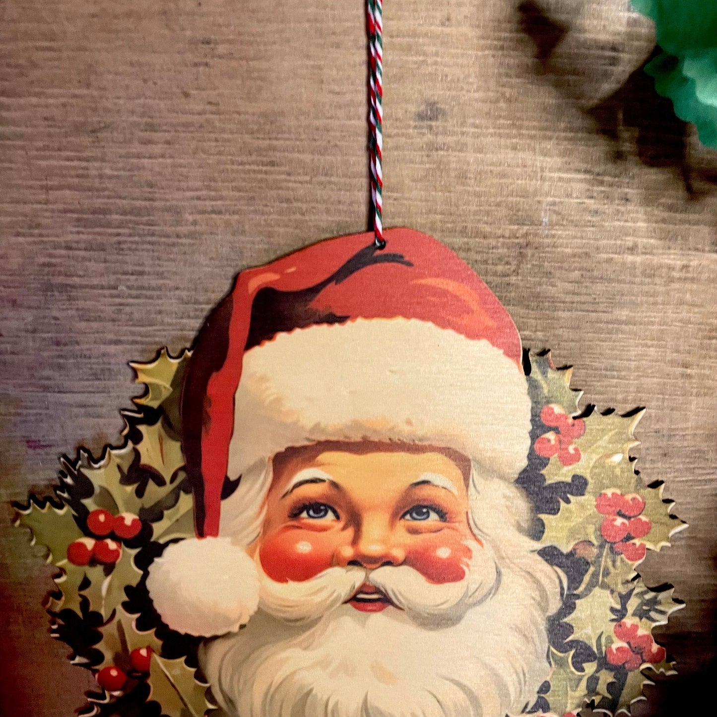 Vintage Santa Christmas Hanging Decoration, wall hanging kitsch festive decor wooden laser cut