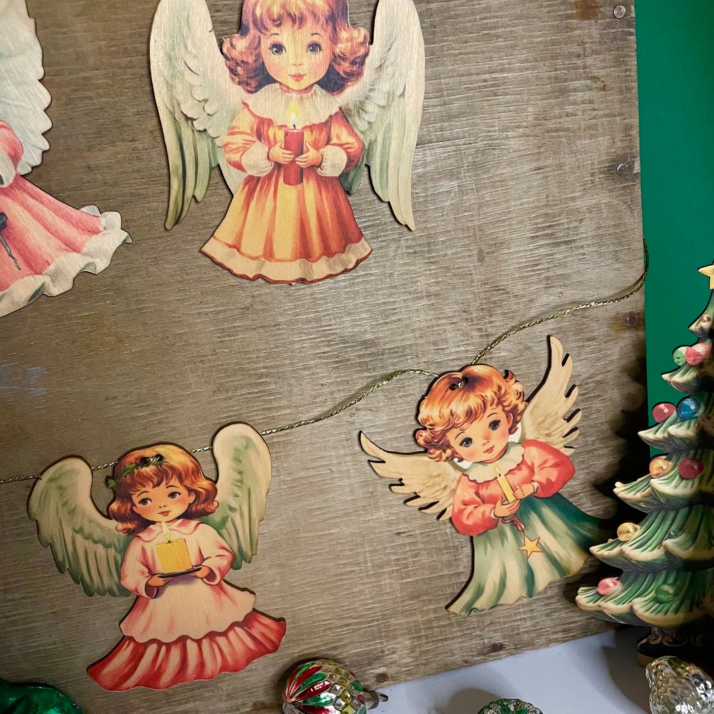 Christmas Vintage bunting wooden Garland Decoration Angel, retro santa, kitsch, reindeer, handmade wooden laser cut