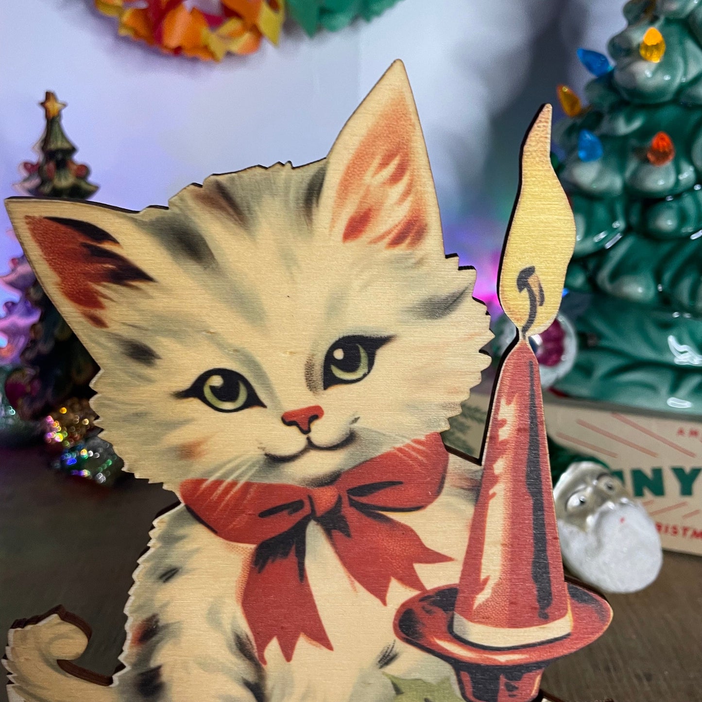 Vintage Christmas Cat Decoration wooden ornament, holiday decor, christmas decor laser cut unique Christmas
