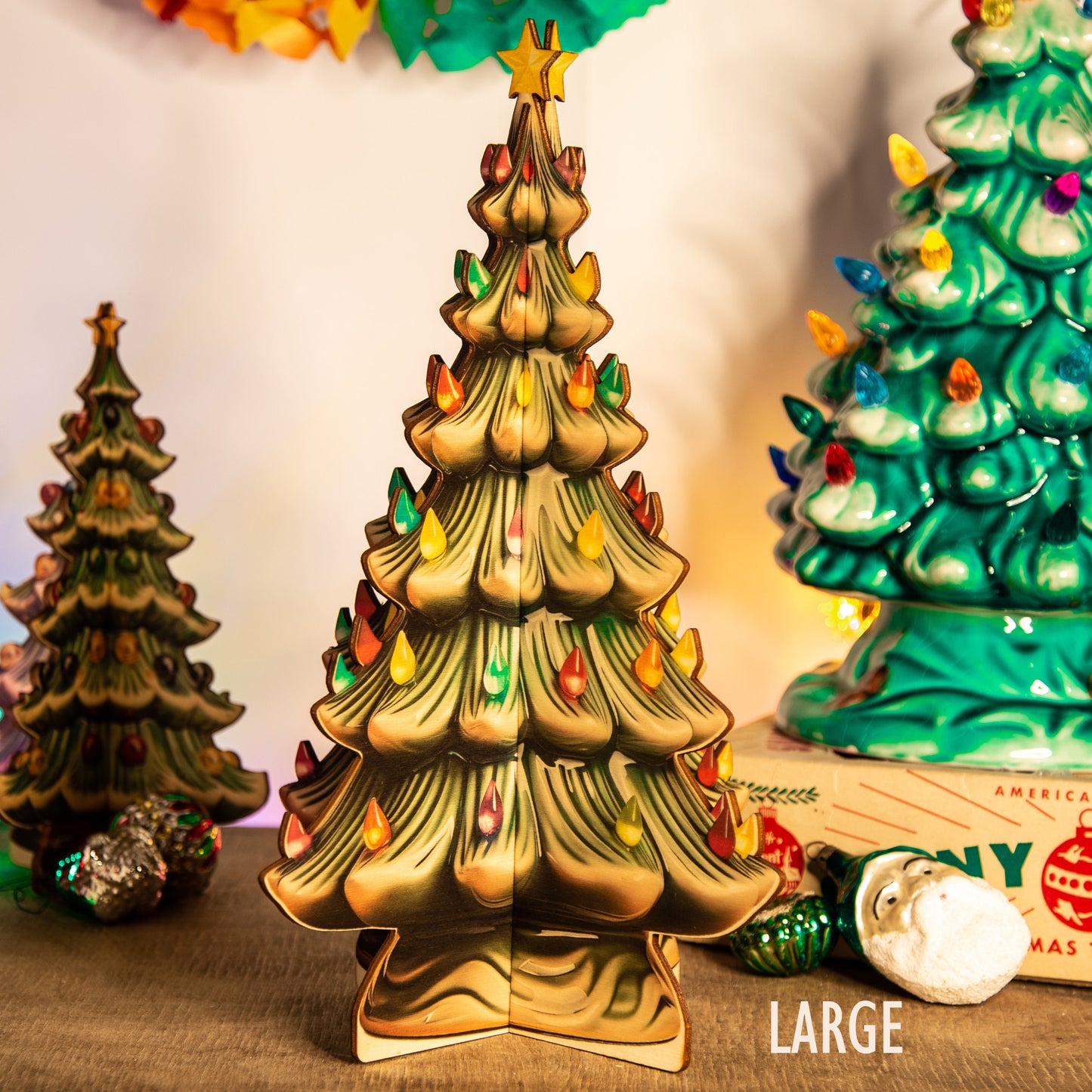 Retro Ceramic Christmas Tree 3D Wooden Decoration size and style options wooden ornament, holiday decor, 1950's Christmas decoration