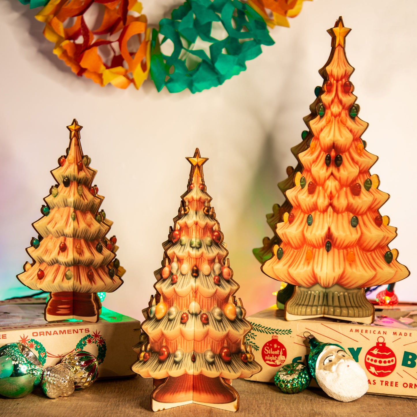 Set of 3, Retro Ceramic Christmas Tree 3D Wooden Decoration, wooden ornament, holiday decor, 1950's Christmas decoration