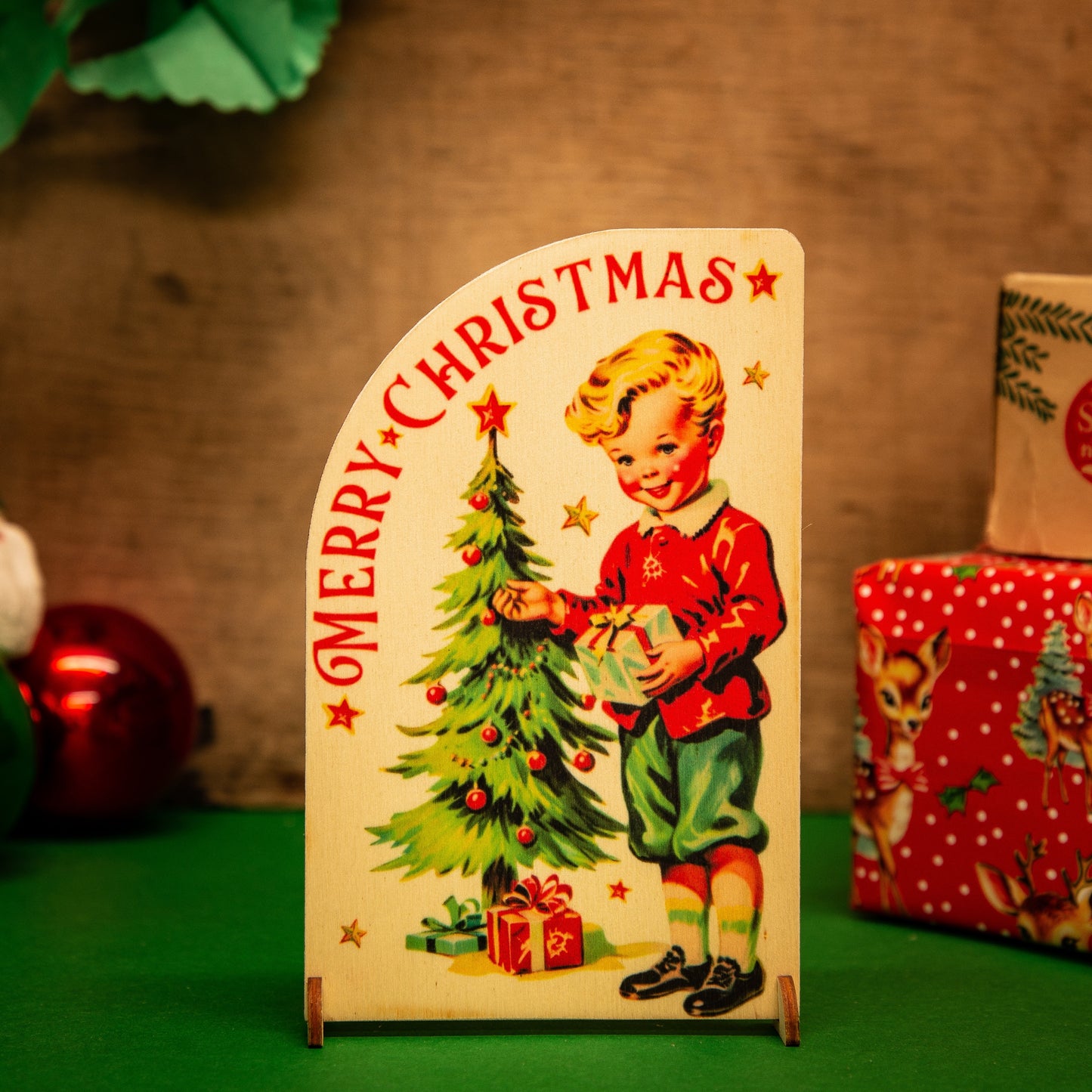 Christmas Greetings Card wooden standing Vintage Santa, fawn, kitsch, Santa handmade