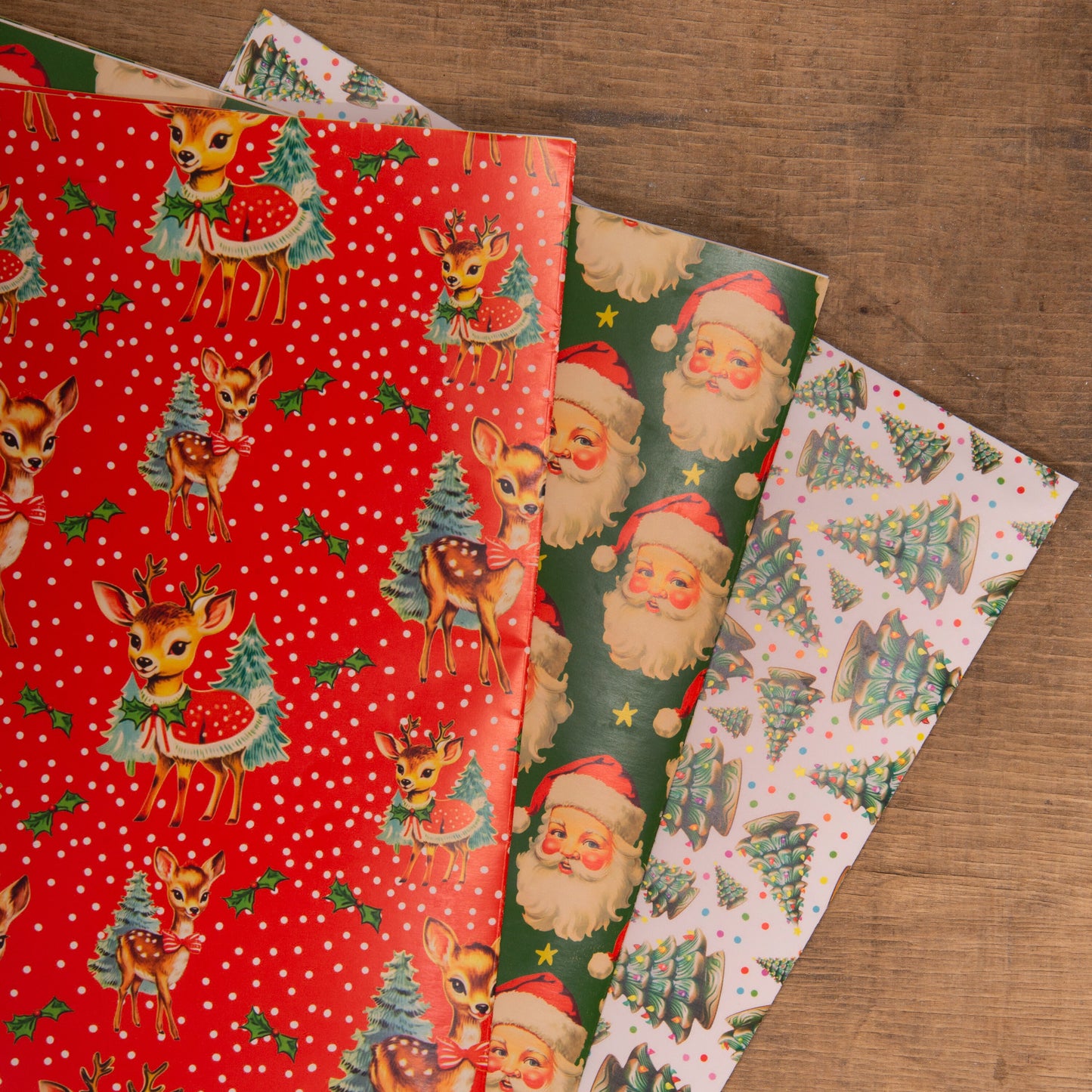 Christmas Gift wrap Mixed pack Vintage Deer , santa, kitsch, trees handmade