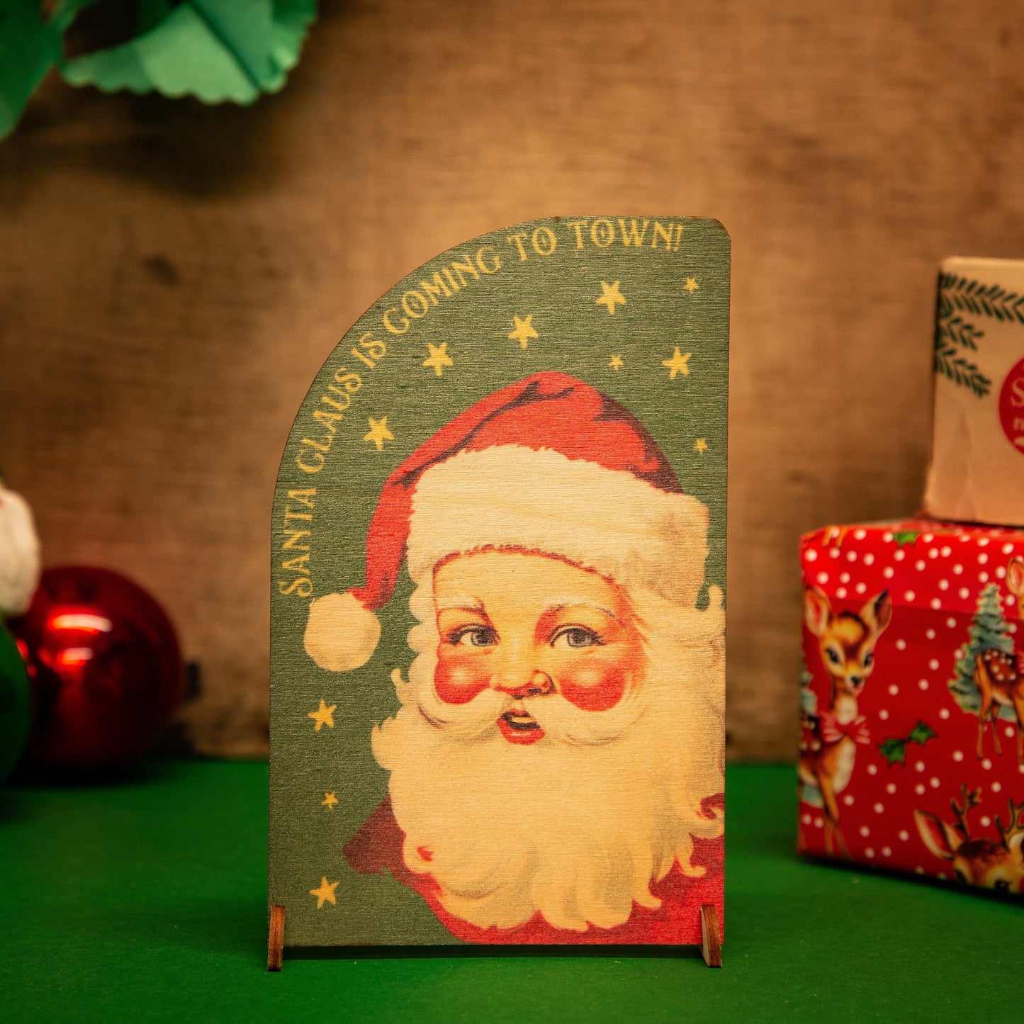 Christmas Greetings Card wooden standing Vintage Santa, fawn, kitsch, Santa handmade
