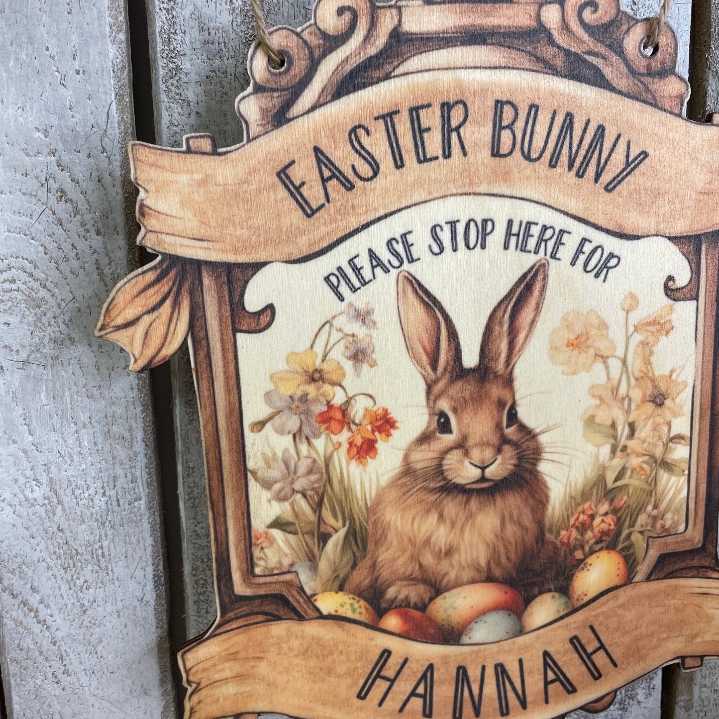 Personalised Easter bunny stop here hanging sign, easter gift, handmade easter, vintage style easter,